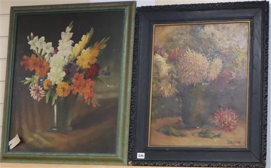 Pattie Mayor, oil on canvas, Still life of chrysanthemums in a vase, 50 x 40cm and another still life by Romberg,